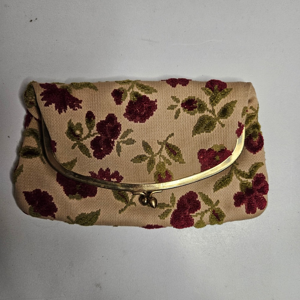 Vintage Floral Tapestry Clutch‎ Bag Burgundy Rose Chenille Brass Kiss Lock Frame